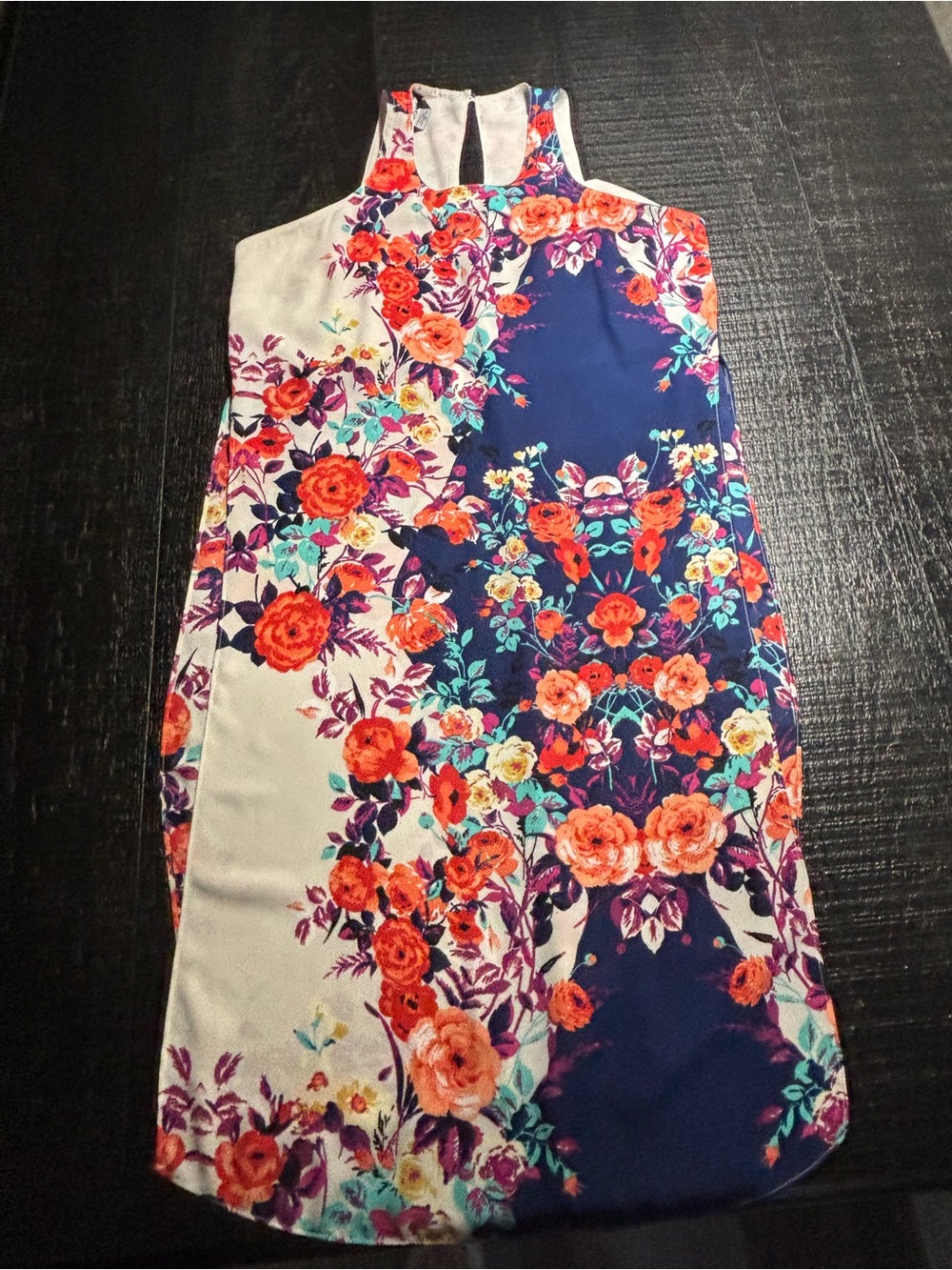 bebe Floral Halter Dress in Navy, Cream and Coral